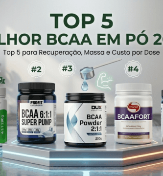 Ranking das 5 melhores marcas de BCAA em pó de 2026, com Max Titanium, Dux, Vitafor, Profit e Bodyaction em ambiente de academia moderno e profissional.
