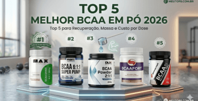 Ranking das 5 melhores marcas de BCAA em pó de 2026, com Max Titanium, Dux, Vitafor, Profit e Bodyaction em ambiente de academia moderno e profissional.
