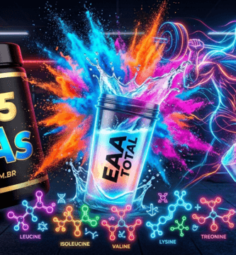 Infográfico vibrante dos melhores aminoácidos essenciais EAA com explosão de cores neon e potes de suplemento premium