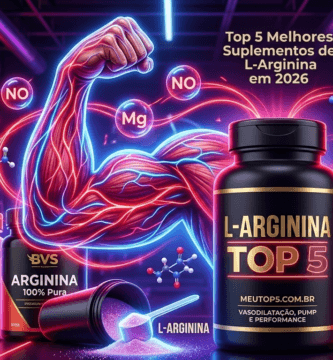 Infográfico vibrante com braço musculoso neon vermelho e azul, potes de suplemento de L-Arginina neon vermelho e azul, e coqueteleira meutop5.com.br.