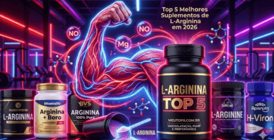 Infográfico vibrante com braço musculoso neon vermelho e azul, potes de suplemento de L-Arginina neon vermelho e azul, e coqueteleira meutop5.com.br.