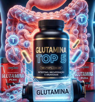 Ranking 'Top 5 Glutamina' com potes de suplementos das marcas Vitafor, Nutrify, Integralmedica, Essential e Max Titanium. Ao fundo, uma ilustração estilizada do sistema digestivo humano com luzes neon azul e vermelha.