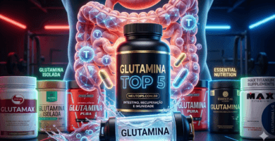 Ranking 'Top 5 Glutamina' com potes de suplementos das marcas Vitafor, Nutrify, Integralmedica, Essential e Max Titanium. Ao fundo, uma ilustração estilizada do sistema digestivo humano com luzes neon azul e vermelha.