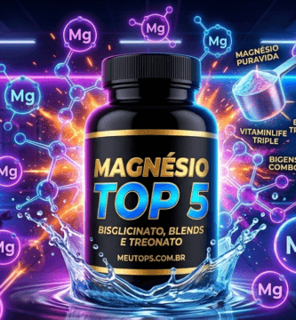 Infográfico vibrante dos melhores suplementos de magnésio 2026 com explosão de cores neon azul e roxo e pote premium meutop5.com.br.