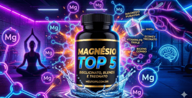 Infográfico vibrante dos melhores suplementos de magnésio 2026 com explosão de cores neon azul e roxo e pote premium meutop5.com.br.