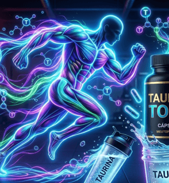 Infográfico vibrante com figura musculosa neon azul e roxo, potes de suplemento de L-Taurina neon azul e roxo e coqueteleira meutop5.com.br.