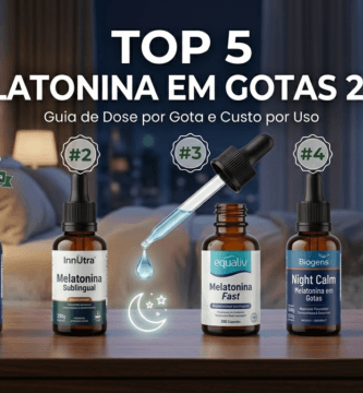 Ranking das 5 melhores melatoninas em gotas de 2026, comparando marcas como Essential, Dux e Equaliv em um ambiente de sono tranquilo.