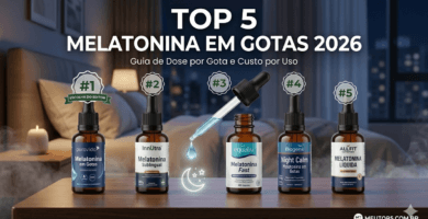 Ranking das 5 melhores melatoninas em gotas de 2026, comparando marcas como Essential, Dux e Equaliv em um ambiente de sono tranquilo.