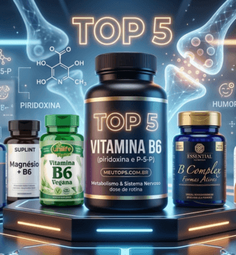 Ranking das 5 melhores vitaminas B6 de 2026 com marcas como Biogens, Unilife, Essential e Now Foods, destacando benefícios para sistema nervoso e metabolismo sobre fundo tecnológico azul.