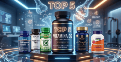 Ranking das 5 melhores vitaminas B6 de 2026 com marcas como Biogens, Unilife, Essential e Now Foods, destacando benefícios para sistema nervoso e metabolismo sobre fundo tecnológico azul.